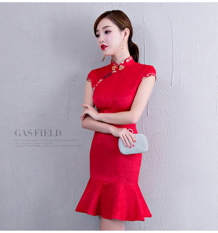Стиль, красное модное улучшенное свадебное платье Cheongsam, приталенное платье для тостов, короткое платье с рыбьим хвостом, свадебное платье Cheongsam