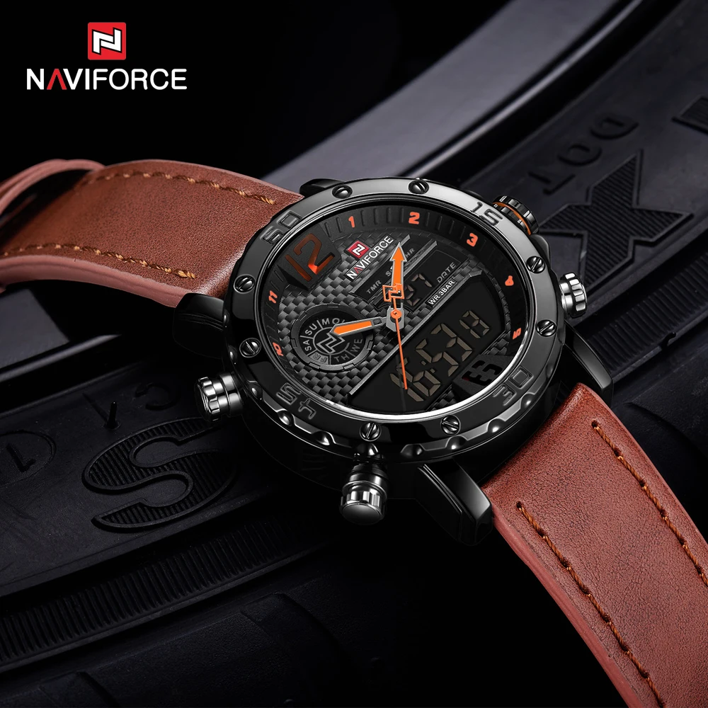 Mens Watches Luxury Brand Men Leather Sports Watches NAVIFORCE 9134 Men's Quartz LED Digital Waterp