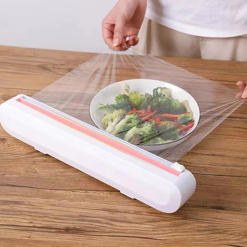 Food Wrap Dispenser With Slide Cutter Plastic Adjustable Cling Film