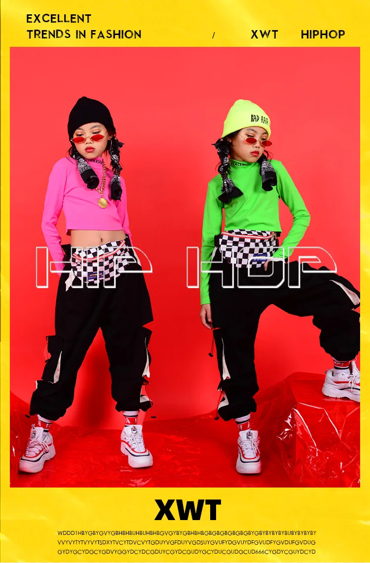 Танцевальные костюмы в стиле хип-хоп для девочек, топы розового и зеленого цвета, штаны в стиле хип-хоп, танцевальная одежда в стиле джаз уличный, Детская современная танцевальная одежда для сцены, одежда для рейва DQS3419