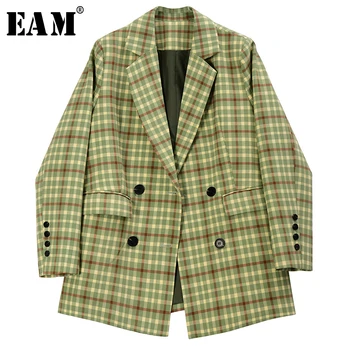 

[EAM] Women Double Breasted Green Plaid Blazer New Lapel Long Sleeve Loose Fit Jacket Fashion Tide Spring Autumn 2020 1R730