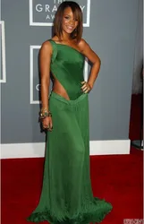 2021 Sexy One Shoulder Open Back Chiffon Long Green Prom evening gown Formal Abendkleider sexy mother of the bride dresses