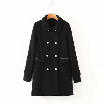 

Women's 2019 new autumn and winter thick black woolen coat jacket women's lapel double-breasted pocket long paragraph loose coll