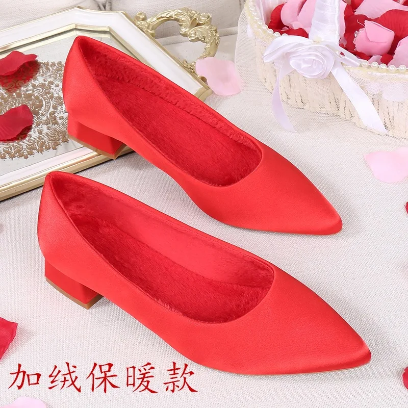 

Marriage Shoes And Nap Warm Chunky-Heel Low Heel Pointed Xiu Shoes Bridal Shoes Wedding Shoes Cheongsam Shoes Wedding Shoes Wome