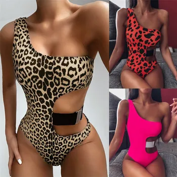 

KUKAKEY Sexy Leopard Print Biniki Set One Shoulder Swimwear Elastic Waistband Beachwear Bathing Hollow Out Swimming Suit Biquini