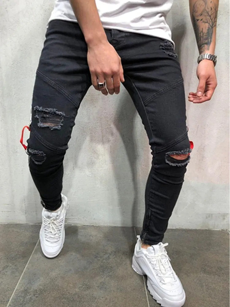 Mens Skinny Stretch white Denim Pants Camouflage Pleated Ripped Slim Fit Jeans Trousers Hot cargo pants jeans men Clothing