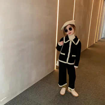 

Autumn And Winter New Arrival Korean style clothing sets matching colors fashion sweater coat with loose long pants for girls