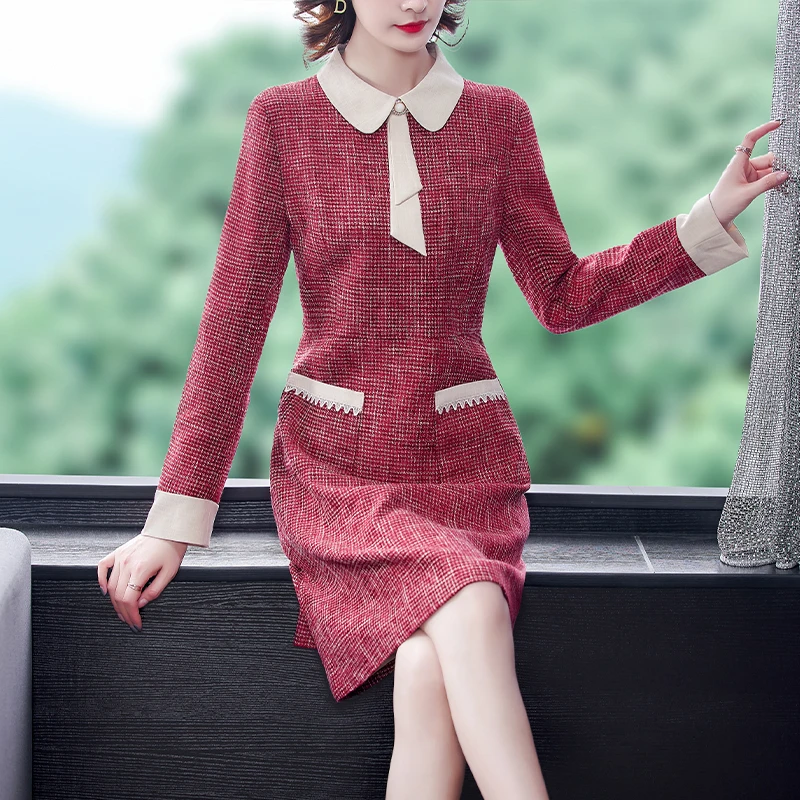 

2021 Autumn Winter Vintage Women Long Sleeve Tweed Dress Elegant Ladies office Red Woolen Dress