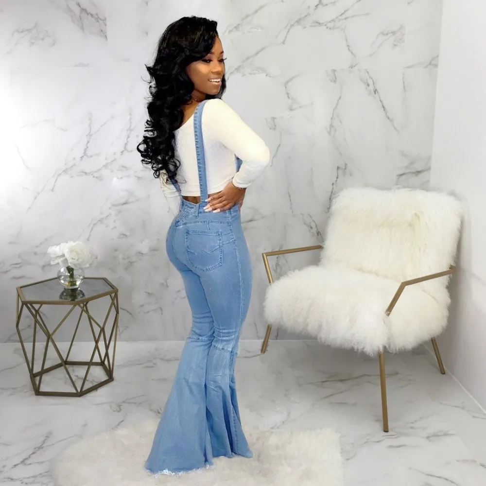 Women Suspender Trousers Hot Sale 5 Size Light Blue Casual Flare Pants Fashion Hole Full Length Boot cut Pants HSF2093G