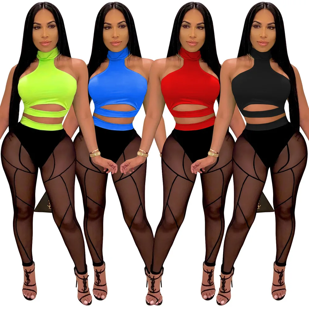 

Neon Color Fitness Tracksuit Women Off Shoulder Backless Cut Out Crop Top and Mesh See Through Skinny Legging Club Party Outfits