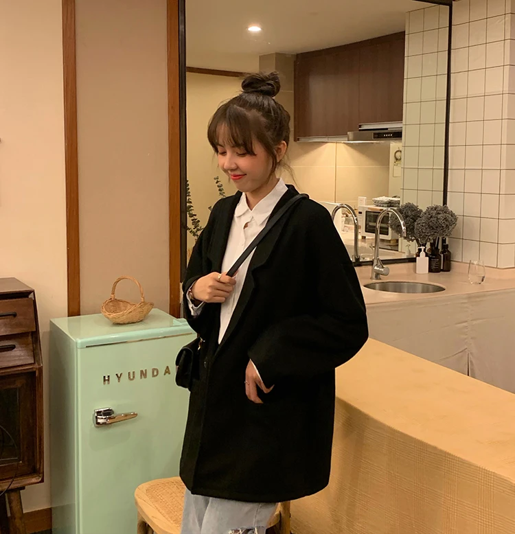 Coat Women's New Style Spring And Autumn Korean-style Loose-Fit Elegant Students Retro Black Suit Outdoor Long-sleeved Uppe