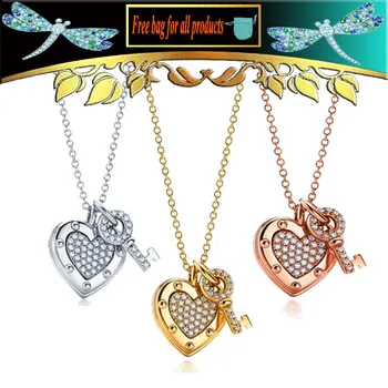 

Women's necklace Heart lock plus key Pendant accessories Zircon Mini S925 Jewelry Valentine's Day gift