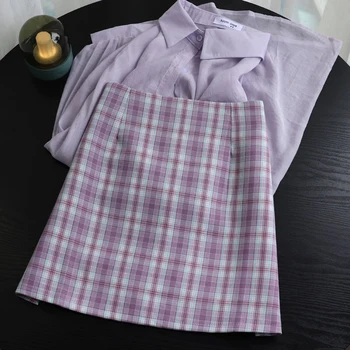 

iClosam Sexy purple plaid skirts womens vintage high waist pencil skirts mini skirt summer harajuku streetwear faldas mujer