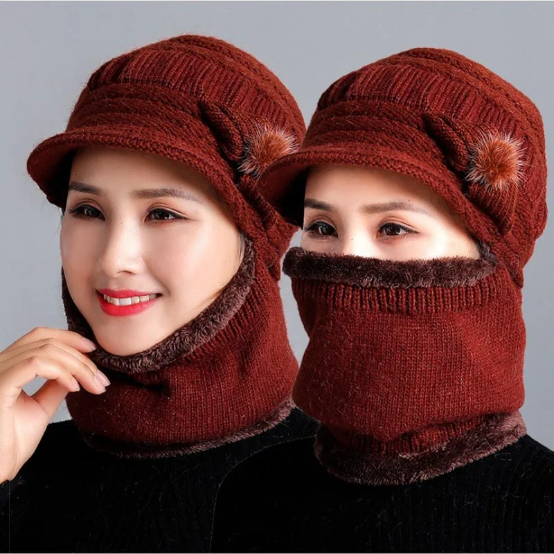 Зимние шапки Skullies Beanies, шляпа для мамы, бини для женщин, шерстяной шарф, шапки, Балаклава, маска, шляпа, бант, в полоску, вязаные шапки