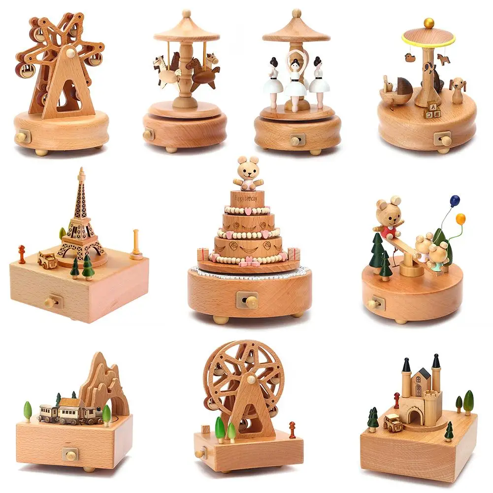 

Innovative Hand Crank Music Box Ferris Wheel & Birthday Cake Shaped Wooden Box Birthday Present Christmas Gift For Kids
