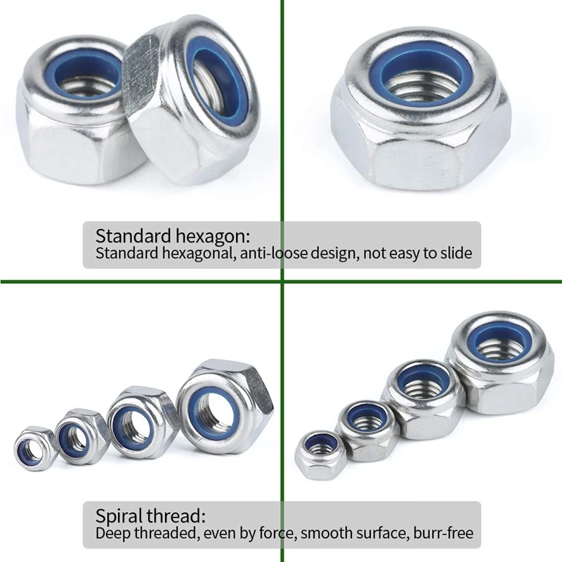 185 шт 304 нержавеющая сталь метрическая нейлоновая вставка Стопорная гайка Ассортимент Набор-7 размеров: M3 M4 m5 m6 m8 m10 m12