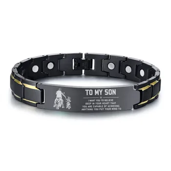 

Free Customize Gift Magnetic Therapy Health ID Bracelet Men TO MY SON Black Stainless Steel Chain