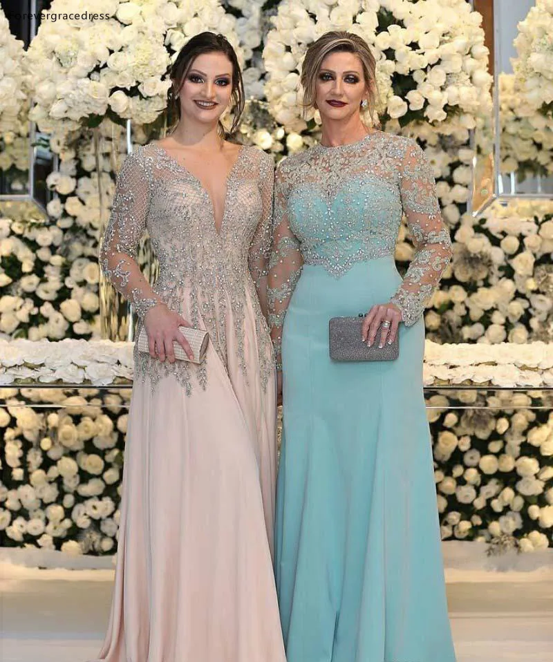 Beaded Mother of the Bride Dresses Sheer Long Sleeves Formal Godmother Evening Wedding Party Guests Gown Plus Size