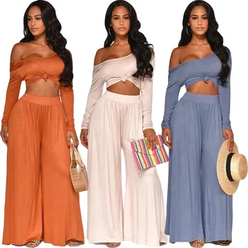 

2019 Europe and the United States new women's fashion sexy strapless one-length collar long sleeve two-piece