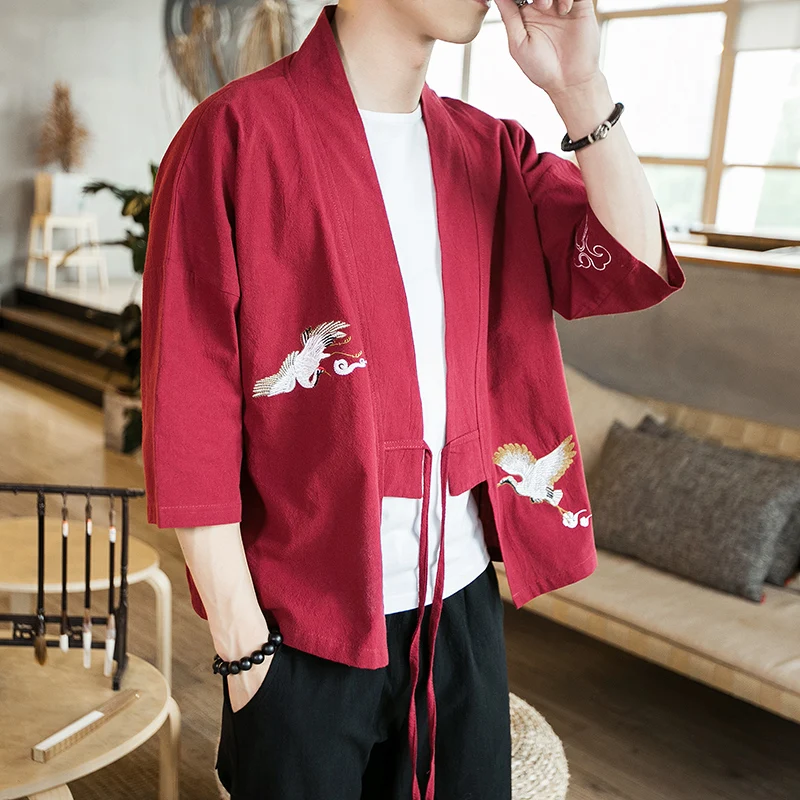 Buy 2020 Spring New Non-fading Embroidery Chinese Style Hanfu Cardigan Casual Fairy Crane Pattern Men's Shirt Solid Color M-5XL