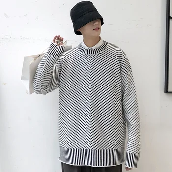 

2019 Autumn And Winter New Korean Version Ins Men's Tide Loose Sweater Fashion Casual Striped Pullover Gray / Black M-2XL