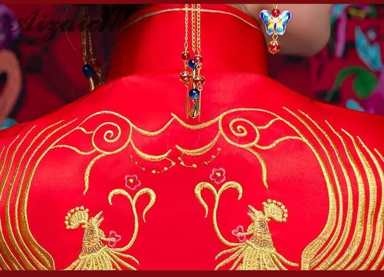 Китайская одежда Женская Феникс одежда с вышивкой красный китайский традиционный свадебный платье Чонсам Qipao длинные восточные платья