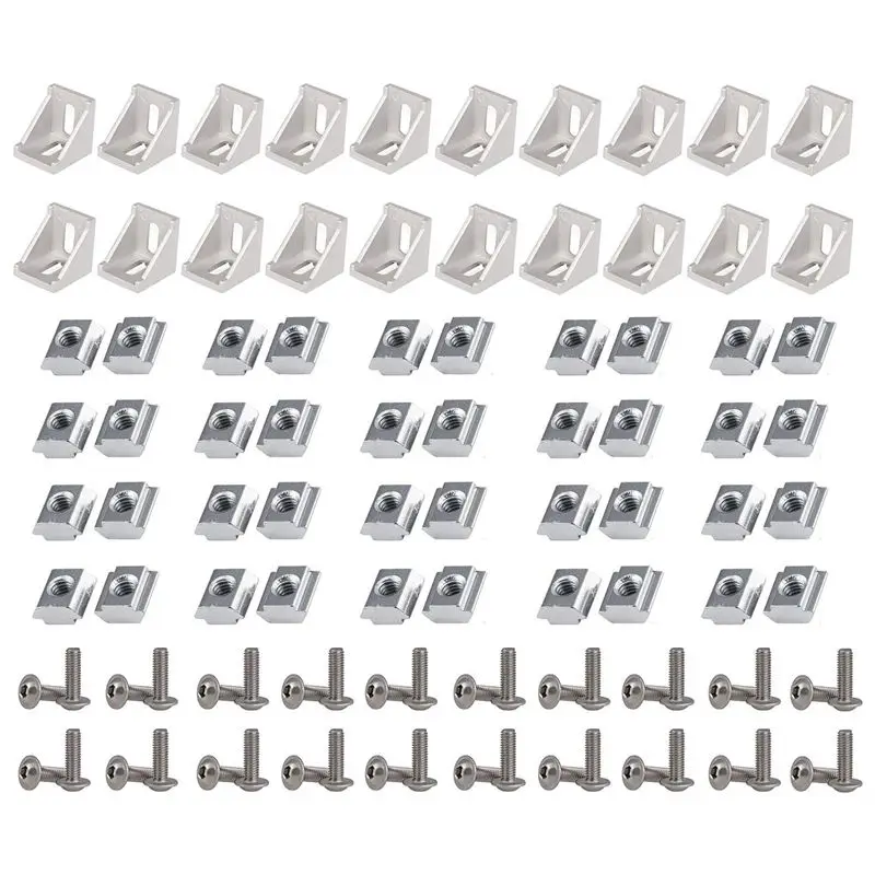 

2020 Series Aluminum Profile Connector Set, 20pcs Corner Bracket,40pcs M5 x 10mm T-slot Nuts, 40pcs M5x10mm Hex Socket Cap Screw