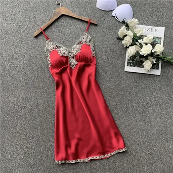 

Foply 2020 Summer Women's Nightgown Strap Silk Sleepwear Home Nightshirt Women Causal Sleepwear Ladies Dress with Chest Pads