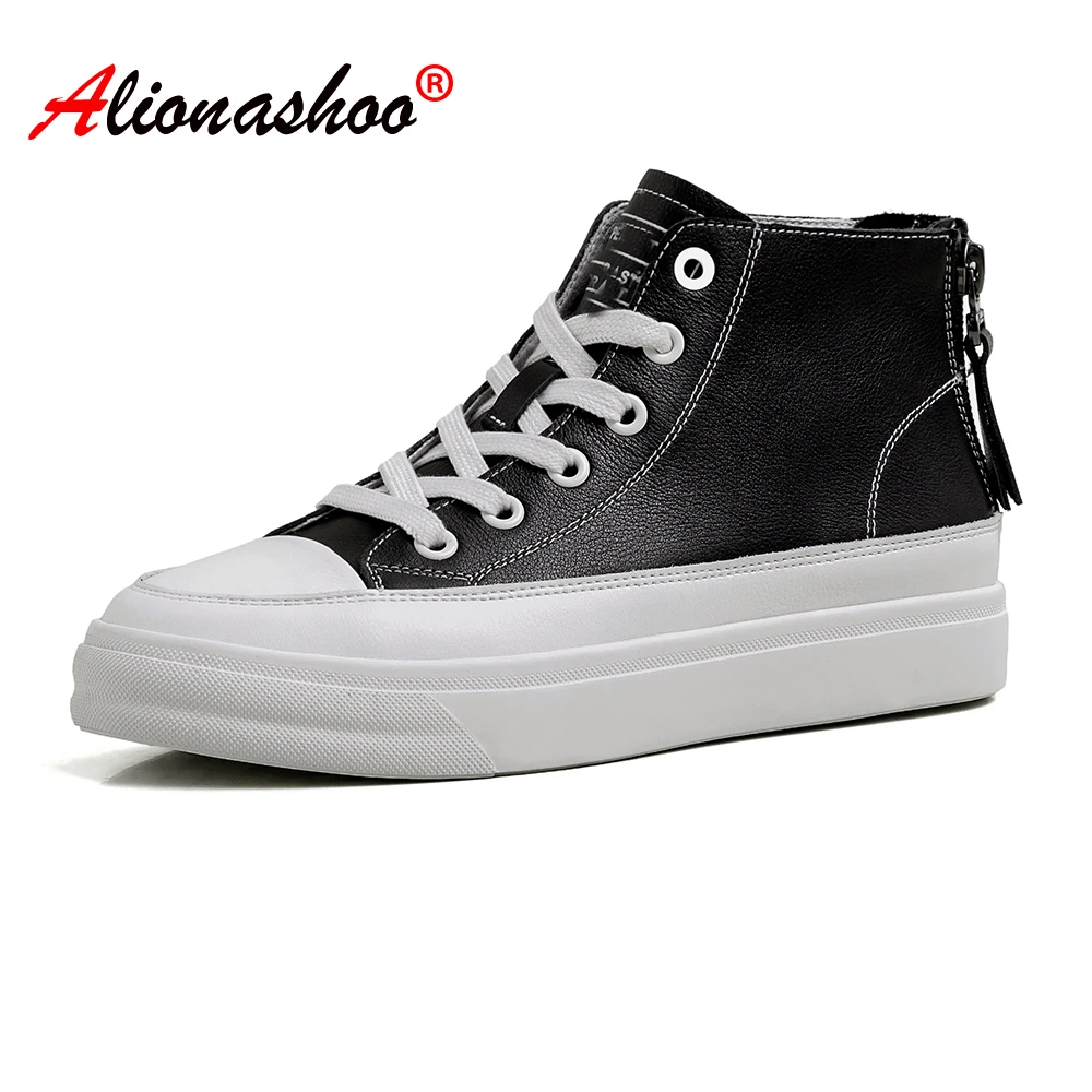 

Women Thick Soled Sneakers 2020 Spring Black White Lace-up Women Flats Casual Shoes Women Genuine Leather Shoes Women 34-40