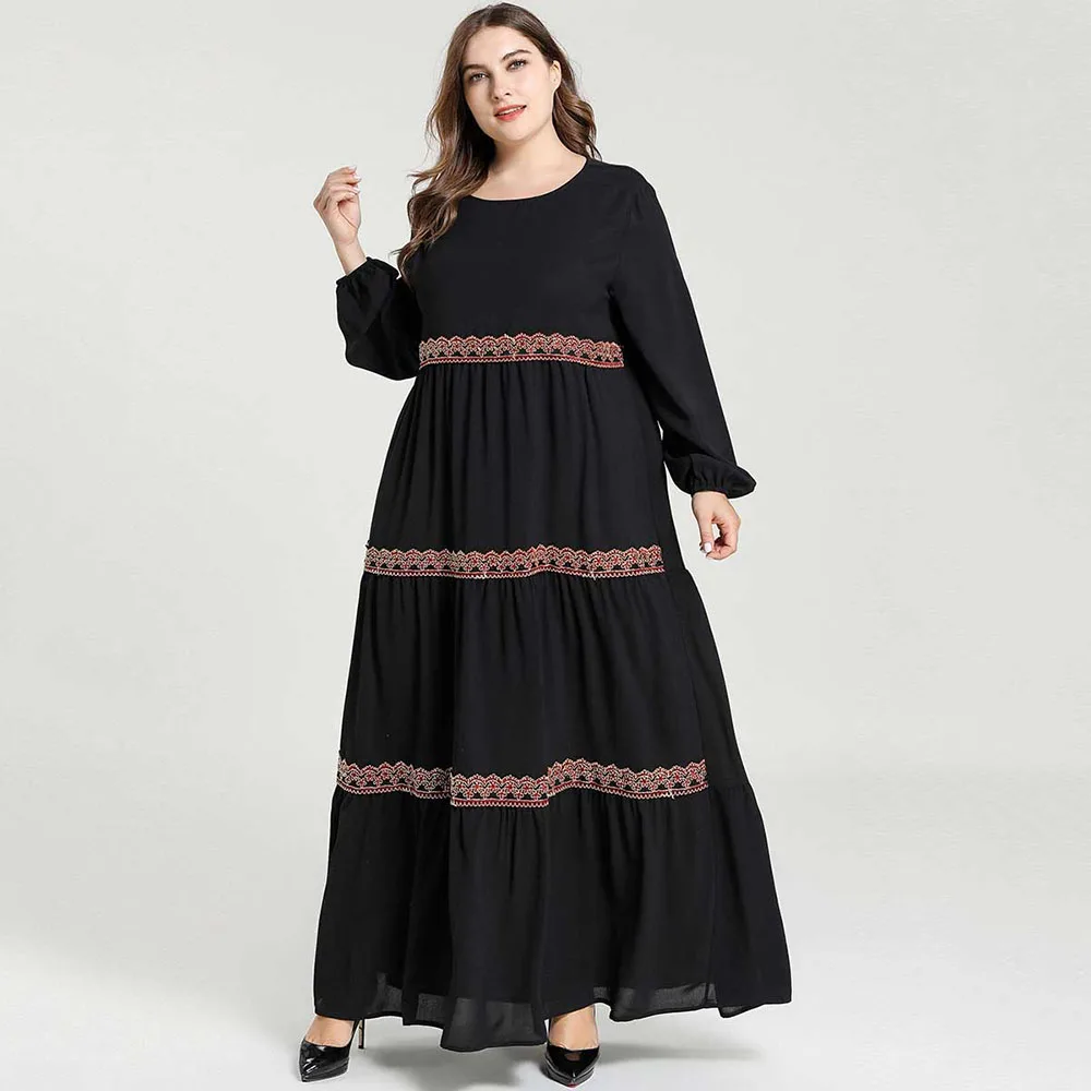 

Plus Size Women Dress Black A Line Round Neck Long Sleeve Swing Casual Loose Ladies Maxi Long Dresses Large Sizes XXXL Robes