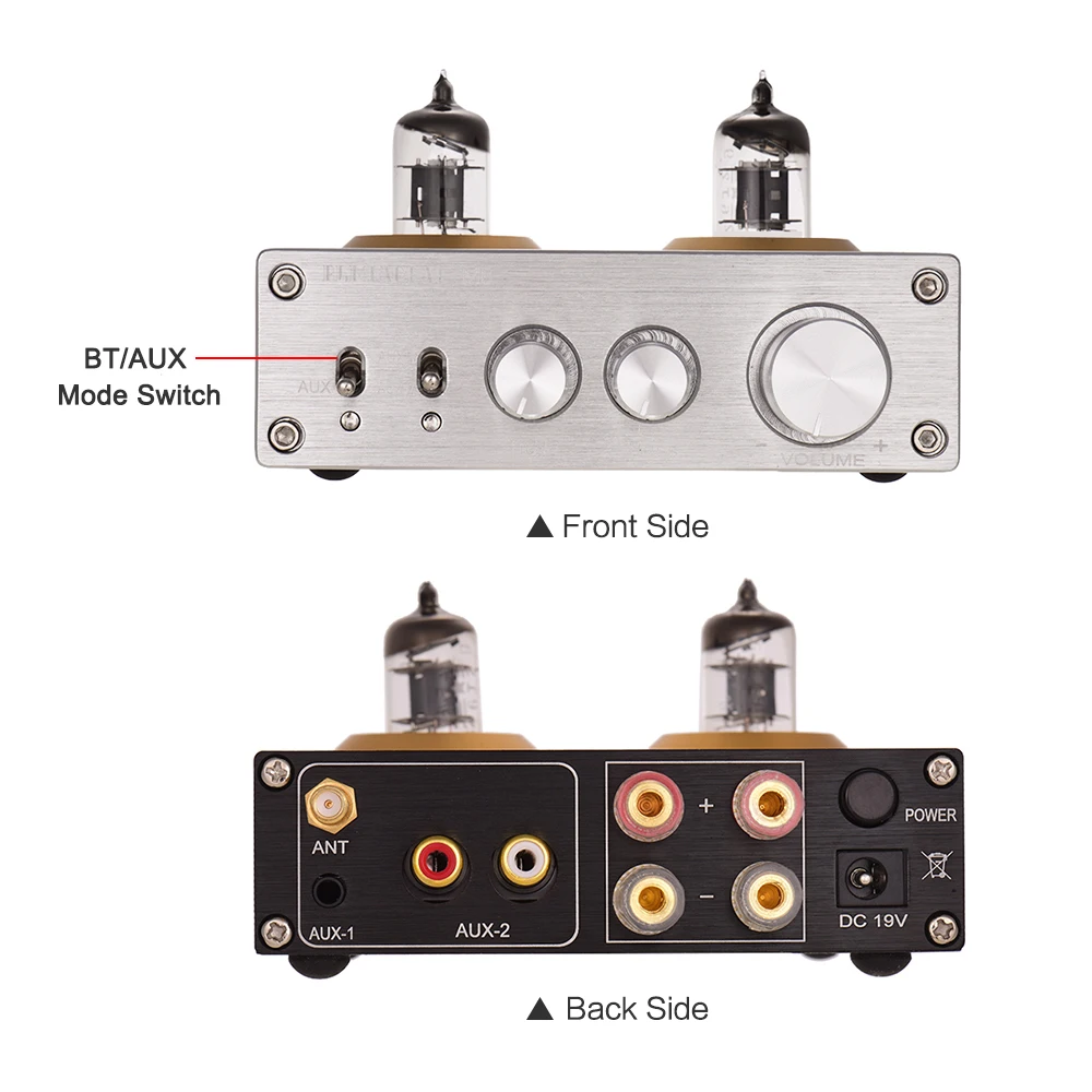Mini HiFi Digital Audio Power Amplifier Stereo Amp with Dual 6J2 Vacuum Tubes BT AUX Inputs Treble Bass Controls 100W(50W*2