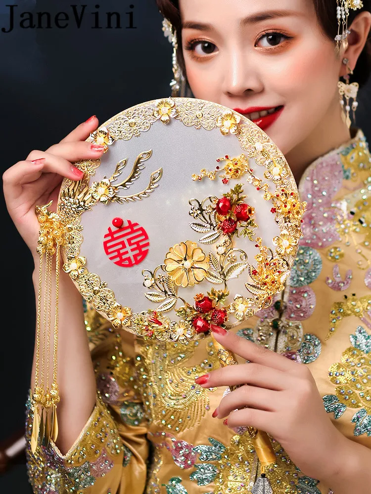 JaneVini, роскошный жемчуг, золото, Феникс, свадебные вентиляторы, цветок, свадебный букет, традиционный китайский стиль, Круглый веер, Hanfu, свадебная букет