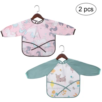 

2PCS/Lot Cute Printed Baby Kids Toddler Long Sleeve Waterproof Art Smock Feeding Bibs Apron Pocket For 0-3 Years Old