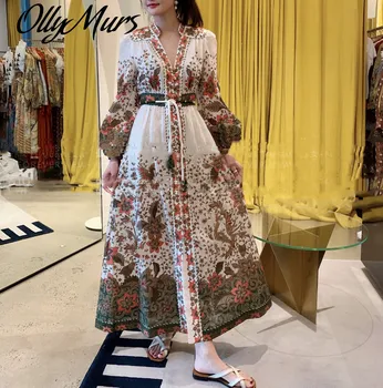 

2020 vacation dark green floral V-neck high waist Three-quarter sleeve lcotton linen women flower dres Long Dress Party Dress