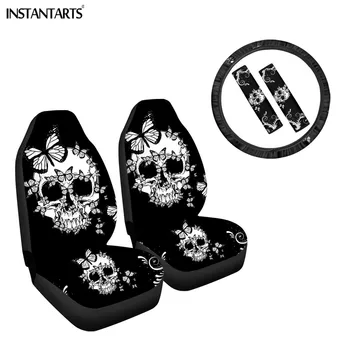 

INSTANTARTS Butterfly Sugar Skull Design Automobile Seat Protector Seat Belt Set Breathable Cover Steering Wheel Cover for Women