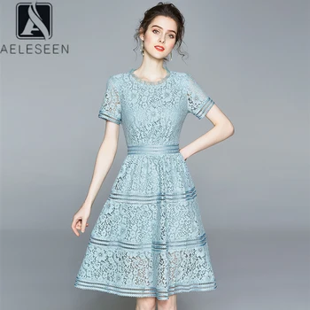 

AELESEEN Lace Dress 2020 Runway Fashion High Quality Elegant Hollow Out Flower Embroidery Blue White Black Summer Dress Vestidos