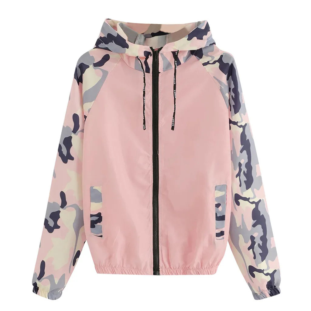 

Running Jacket For Women Zipper Up Long Sleeve Camouflage Printed Patchwork Sport Jacket Ladies Hoodies Pockets Sports Clothing