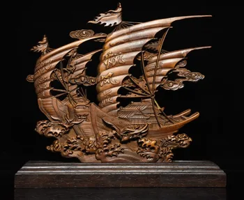 

Christmas 9" China Boxwood wood Boat Everything Going Smoothly Flag Aqueous Statue screen Halloween