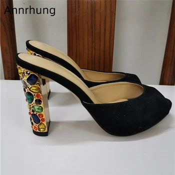 

Black Suede High Heel Lazyman Slip-on Mules Sexy Peep Toe Colorful Rhinestone Heel Runway Shoes Fashion Summer Slippers Women