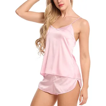 

Women 2 Pcs Silk Sleepwear Sets Sexy Lingerie Satin Pajamas Women Camisole Tops Shorts Set Female Nightwear Summer Pajama