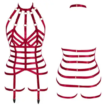 

Red Lingerie Harness Bra Set Goth Punk Top Bondage Neck Garter Belt Cage Strappy Adjust Party Rave Suspenders Sexy Underwear