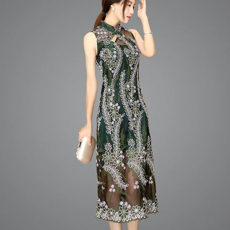 

Sleeveless Improved Customizable Lace Women's Embroidered Skirt Daily Life Formal Dress New Style Retro Mid-length Fashion Catwa