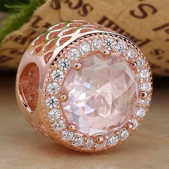 

Original Rose Openwork Radiant Hearts With Pink & Clear Crystal Bead Fit 925 Sterling Silver Charm Pandora Bracelet DIY Jewelry