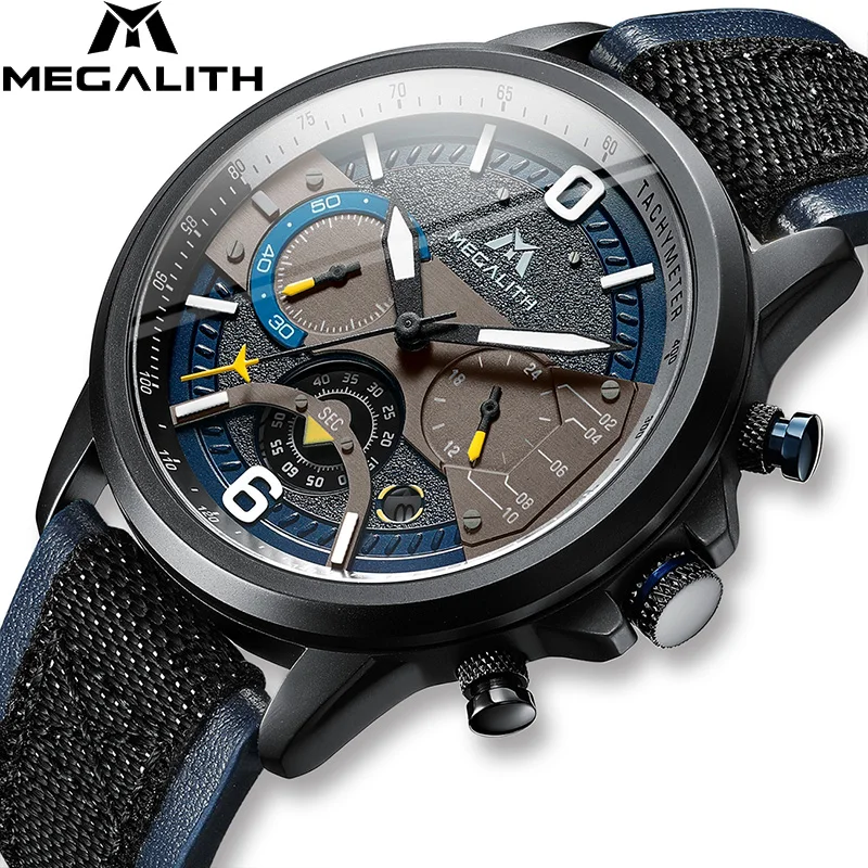 

MEGALITH Mens Watches Reloj Militar New Arrival Chronograph Quartz Watch Top Brand Durable Leather Strap Reloj Wristwatch 8083