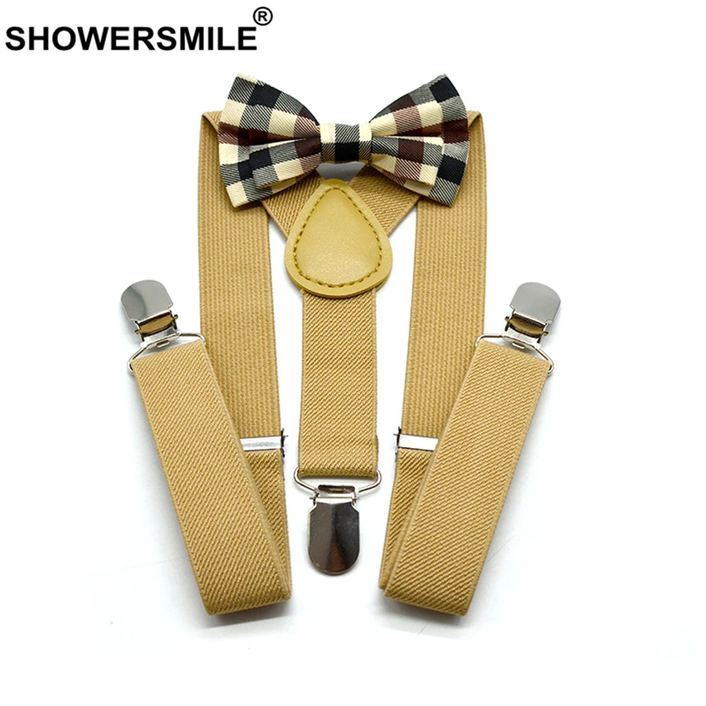 SHOWERSMILE Kids Suspenders Khaki Baby Boy Suspenders Bowtie Solid British Style Wedding Vintage