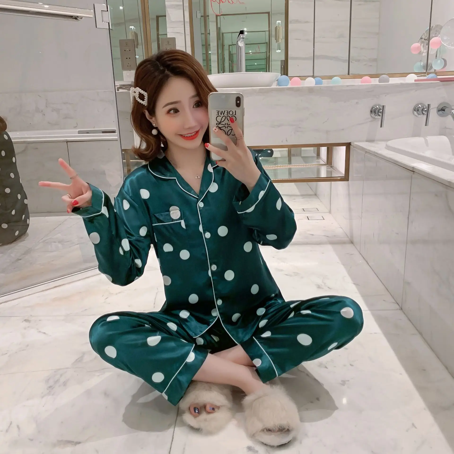 

605 # Dots Cardigan MS Long Sleeve Korean-style Sweet Pajamas Tracksuit Two-Piece Set