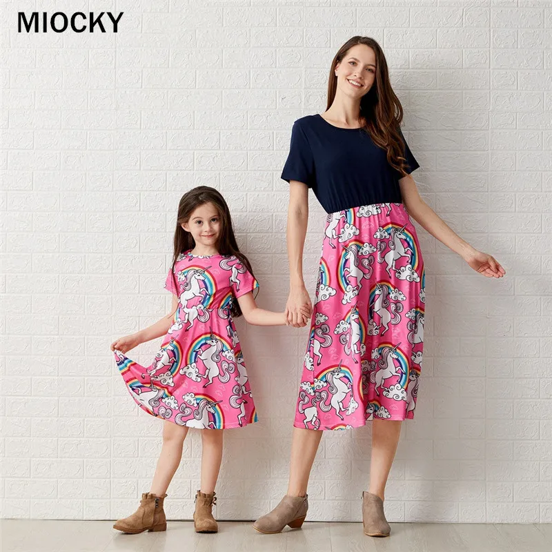 NASHAKAITE-Mother-daughter-dresses-Rainbow-and-Unicorn-Print-Short-sleeve-Matching-Dresses-Mommy-and-me-clothes