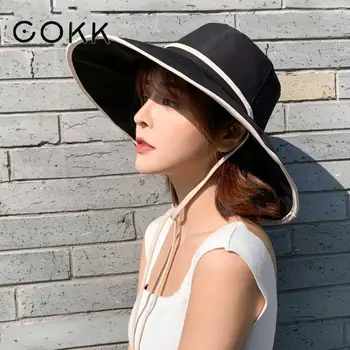 

COKK Hat Women Summer Sun Hat Elegant Big Large Wide Brim Foldable Anti-UV Beach Sun Floppy Hat Female Ladies Hats With Rope