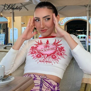 

Weekeep Streetwear Chic Letter Print Women's T-shirts y2k Harajuku Bodycon Cropped Top Autumn Long Sleeve Casual Woman Tee Shirt
