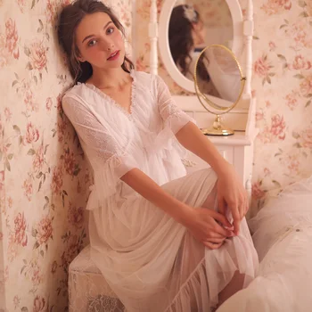 

New 2020 female court summer short-sleeved mesh lace backless sexy loose Korean sweet princess long nightdress nightgown